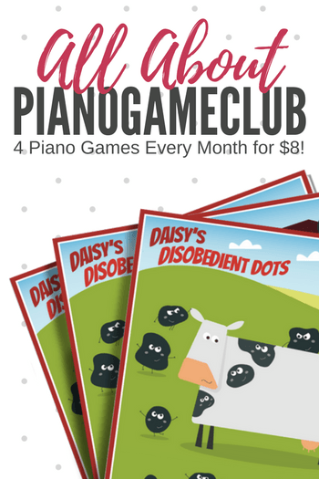 An ad for Piano Game Club that shows off how it's 4 piano games every month for $8. The Daisy's Disobedient Dots game is shown.