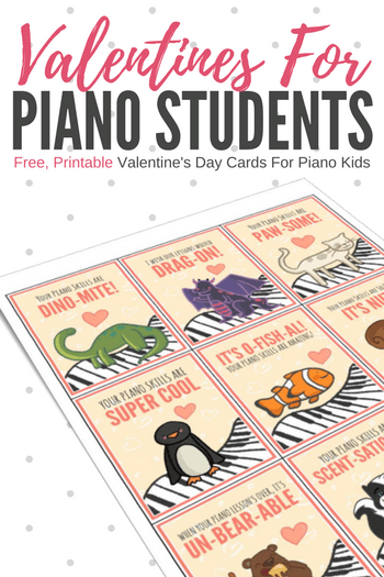 Here are two sets of super-cute, piano-themed Valentines Day Cards that you can simply print out, attach to a small gift or treat and send home with your students.